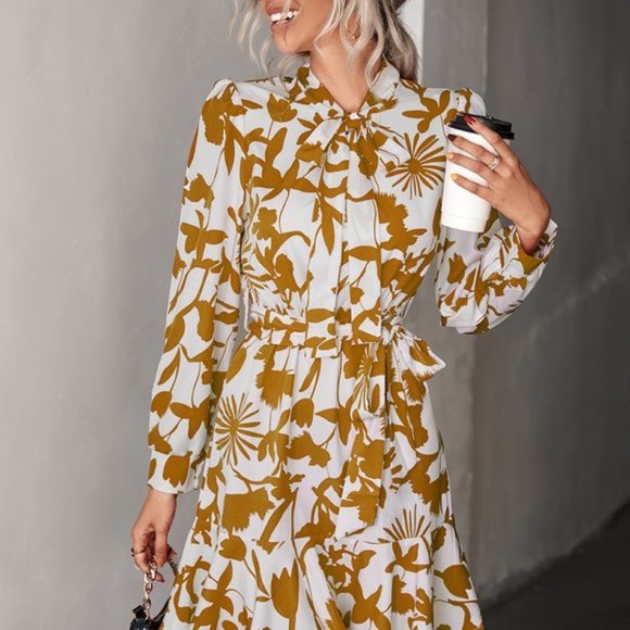 Floral Tie Neck Belted Puff Sleeve Dress - Picture 5 of 6